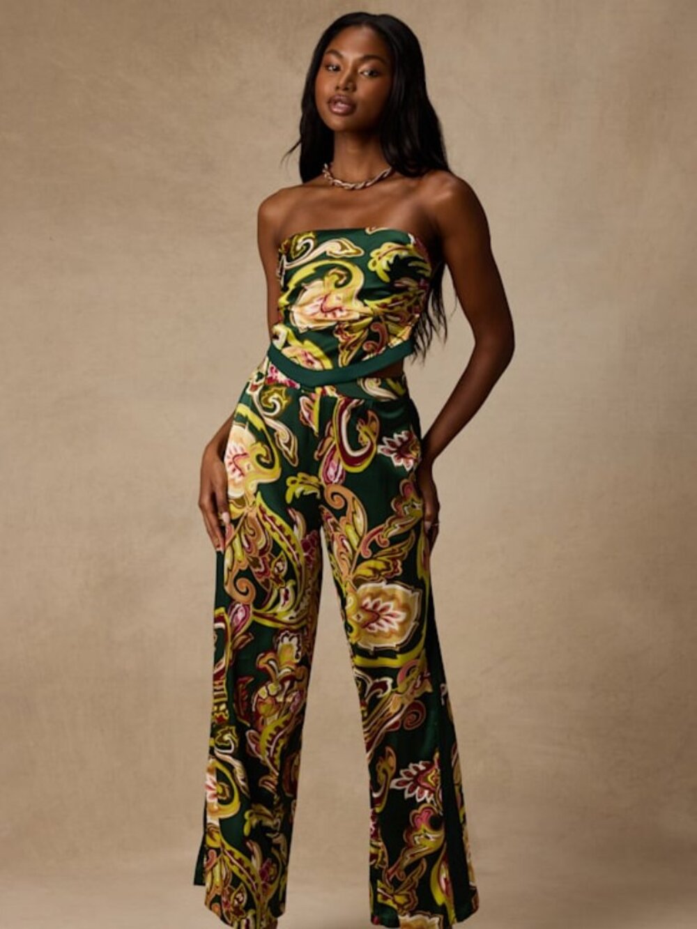 Lulus Marissa Green Boho Satin Tie-back Two-piece Jumpsuit - Size M